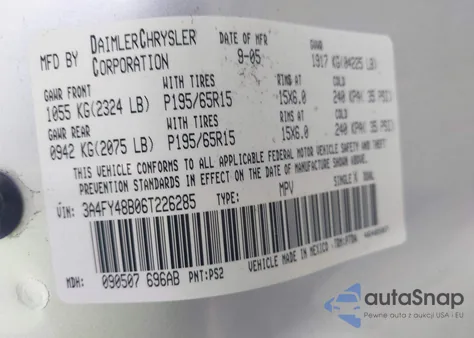 2006 Chrysler Pt Cruiser z USA, uszkodzony, nr VIN 3A4FY48B06T226285